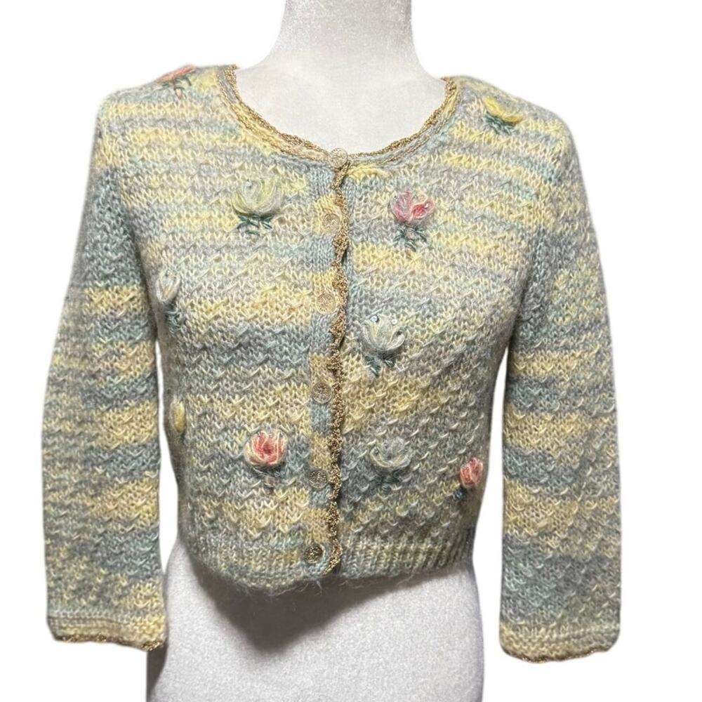 Sleeping on Snow Embroidered Mohair-Blend Cardigan Pastel Floral Cottagecore (M)